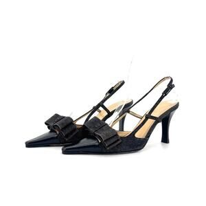 Chanel CC Retro Vintage Lagerfeld Bow Black Denim Slingback Pointed Toe Pumps 35